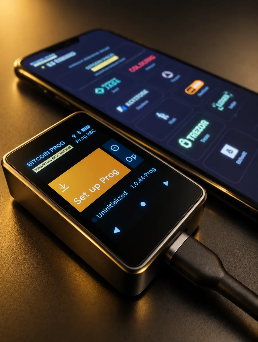 BitcoinProg Wallet de cerca con la app detrás
